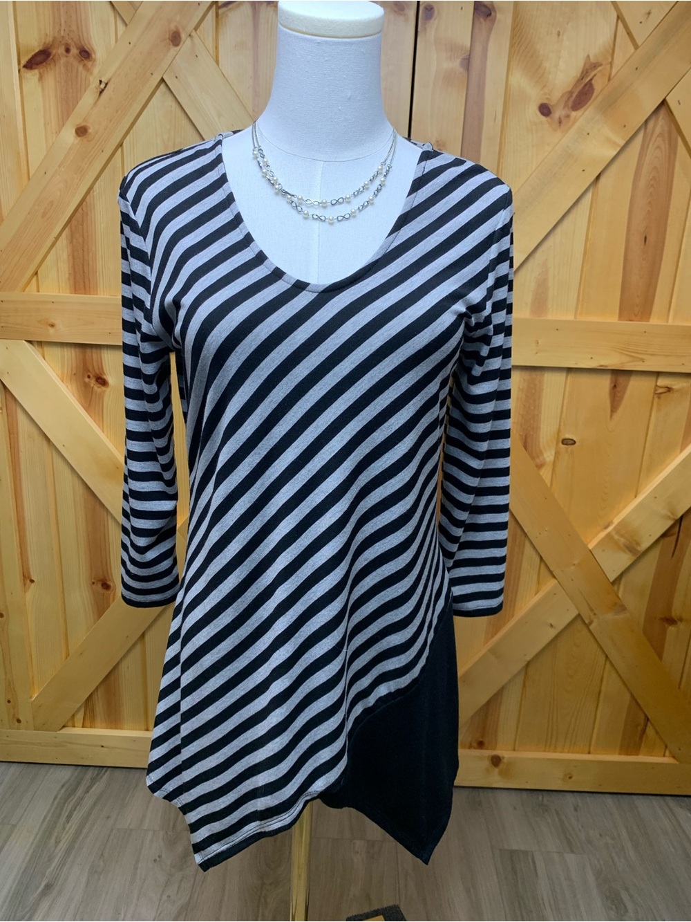 Womens S Striped Bold Asymmetrical Lagenlook Chic Tunic Black Gray Smart Casual